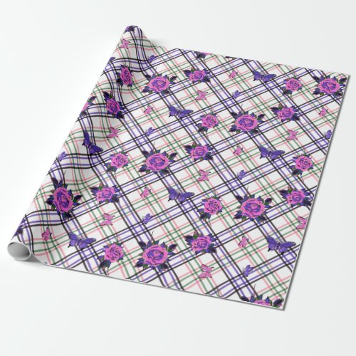 Pink Purple Tattoo Rose Skull Butterflies Plaid Wrapping Paper