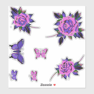 Pink Purple Tattoo Rose Skull Butterflies Sticker