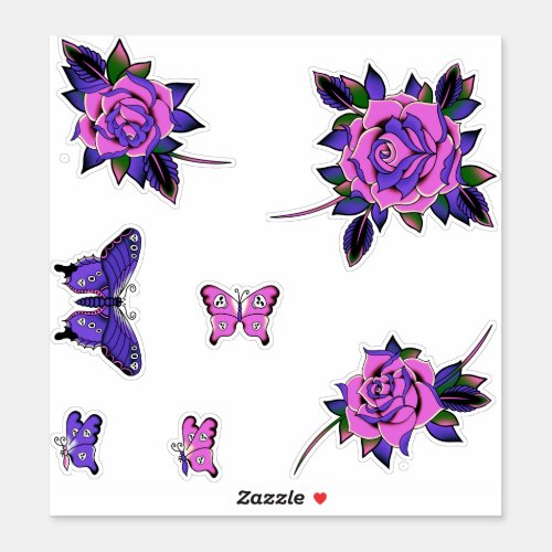 Pink Purple Tattoo Rose Skull Butterflies Sticker