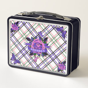 Pink Purple Tattoo Roses Butterflies Plaid Metal Lunch Box