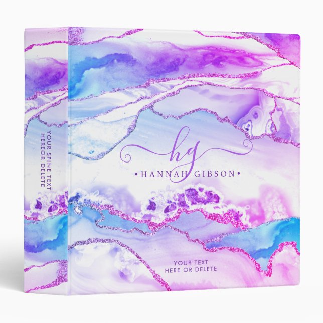 Pink Purple Teal Agate Glitter Monogram 3 Ring Binder (Front/Spine)