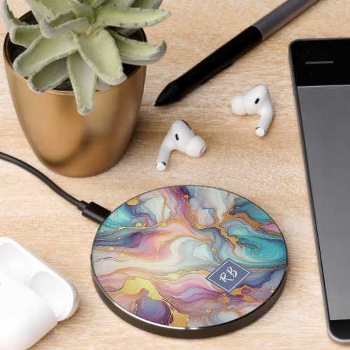 Pink Purple Teal Aqua Blue Gold Marble Art Pattern Wireless Charger