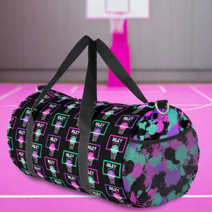 Pink Purple Teal Basketball Paint Splatter Name Duffle Bag