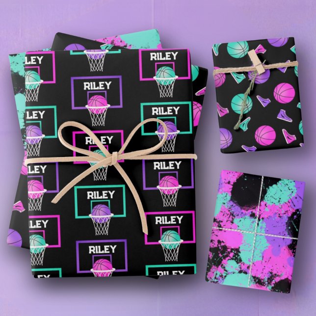 Pink Purple Teal Basketball Paint Splatter Name Wrapping Paper Sheets (Creator Uploaded)