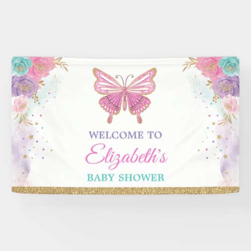 Pink Purple Teal Butterfly Girls Birthday Welcome Banner