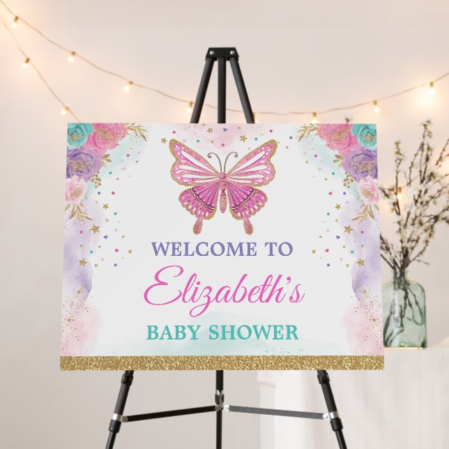 Pink Purple Teal Butterfly Girls Birthday Welcome Foam Board (In Situ (Stand))