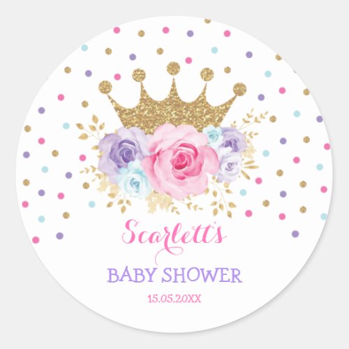 Pink Purple Teal Crown Princess Baby Shower Girl Classic Round Sticker