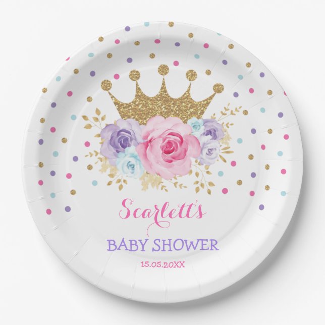 Pink Purple Teal Crown Princess Baby Shower Girl Paper Plates (Front)