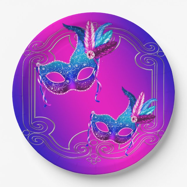 Pink Purple Teal Masquerade Paper Plates (Front)