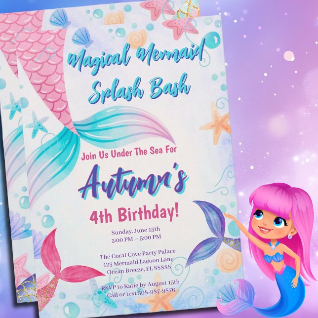 Pink Purple Teal Mermaid Tail Birthday Party Invitation (Mermaid Splash Bash Birthday Invite for an Under the Sea Party that will be unforgettable )