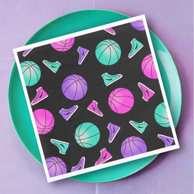 Pink Purple Teal Neon Basketball Sneakers Birthday Napkins (Creator Uploaded)