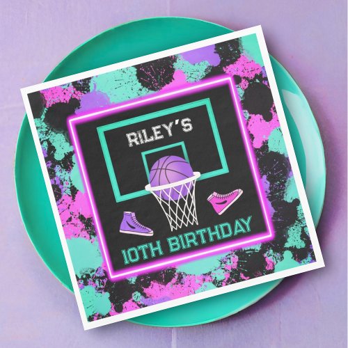 Pink Purple Teal PaintSplatter Basketball Birthday Napkins