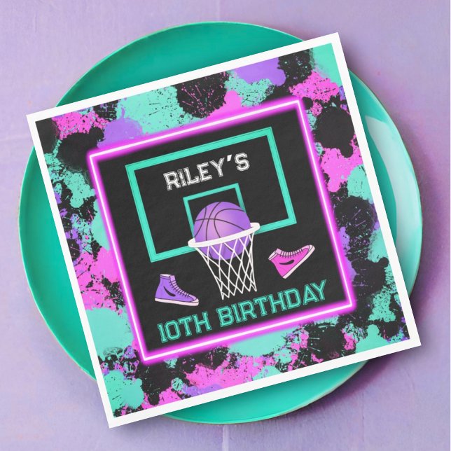 Pink Purple Teal PaintSplatter Basketball Birthday Napkins (Creator Uploaded)