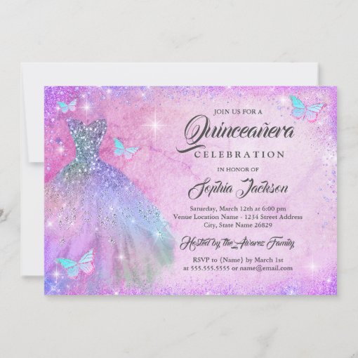 Pink Purple Teal Sparkle Dress Quinceanera Invitation Zazzle