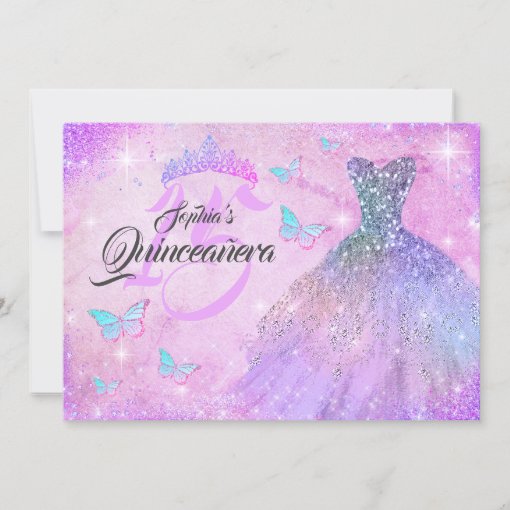 Pink Purple Teal Sparkle Dress Quinceanera Invitation Zazzle