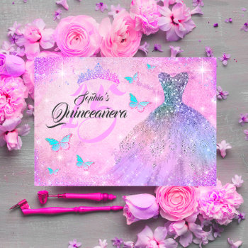 Pink Purple Teal Sparkle Dress Quinceanera  Invitation by LittleBayleigh at Zazzle