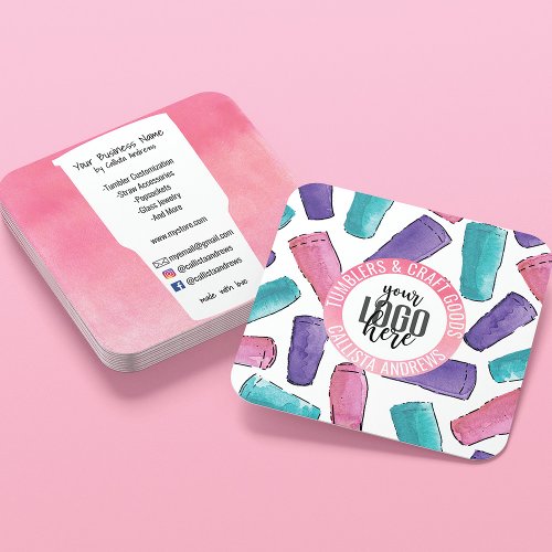 Pink Purple Teal Tumbler Watercolor Crafter Logo Square Business Card