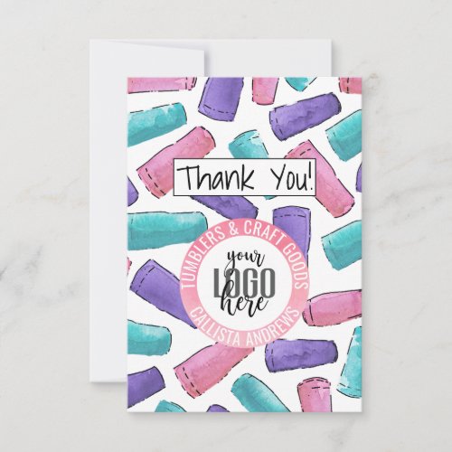 Pink Purple Teal Tumbler Watercolor Logo Customer Thank You Card