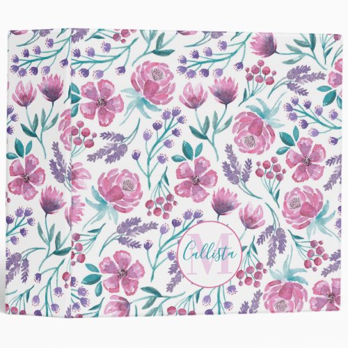 Pink Purple Teal Watercolor Flowers Monogram 3 Ring Binder