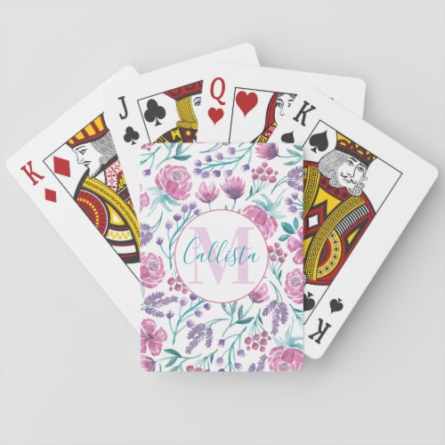 Pink Purple Teal Watercolor Flowers Monogram Playing Cards