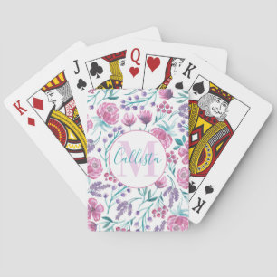 Pink Purple Teal Watercolor Flowers Monogram Poker Cards