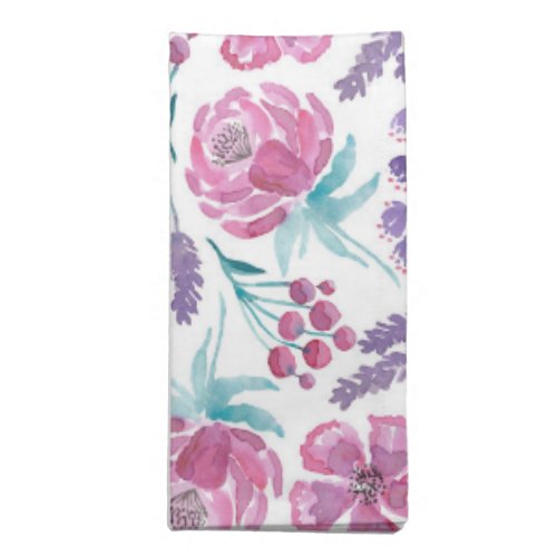 Pink Purple Teal Watercolor Flowers Pattern Cloth Napkin