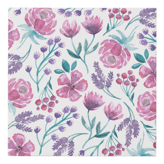 Pink Purple Teal Watercolor Flowers Pattern Faux Canvas Print (Front)