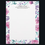 Pink Purple Teal Watercolor Flowers Pattern Letterhead<br><div class="desc">This modern and pretty pattern is perfect for the trendy and stylish woman. It features a hand-painted berry pink, lavender purple, and teal emerald green flowers and leaves on top of a simple black background. It's elegant, beautiful, artsy, and unique with a contemporary country vibe. ***IMPORTANT DESIGN NOTE: For any...</div>