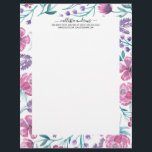 Pink Purple Teal Watercolor Flowers Pattern Letterhead<br><div class="desc">This modern and pretty pattern is perfect for the trendy and stylish woman. It features a hand-painted berry pink, lavender purple, and teal emerald green flowers and leaves on top of a simple black background. It's elegant, beautiful, artsy, and unique with a contemporary country vibe. ***IMPORTANT DESIGN NOTE: For any...</div>