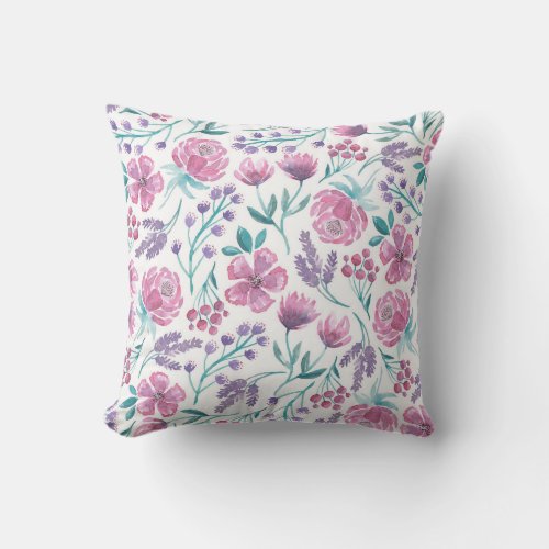 Pink Purple Teal Watercolor Flowers Pattern Outdoor Pillow