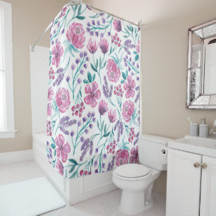 Pink Purple Teal Watercolor Flowers Pattern Shower Curtain