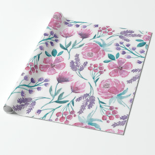 Pink Purple Teal Watercolor Flowers Pattern Wrapping Paper