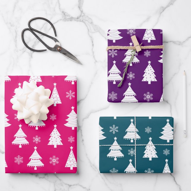 Pink, Purple & Teal Winter Christmas Tree Pattern Wrapping Paper Sheets (Front)