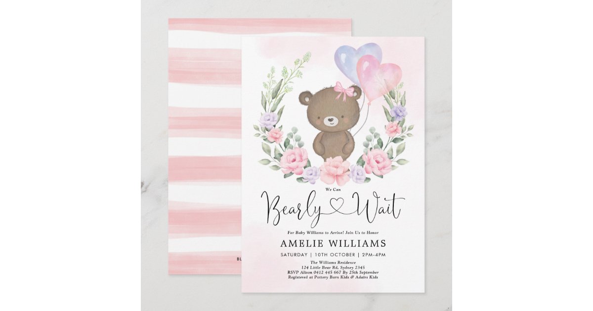 Pink Purple Teddy Bear Balloons Girl Baby Shower Invitation | Zazzle