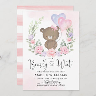 Pink Purple Teddy Bear Balloons Girl Baby Shower Invitation