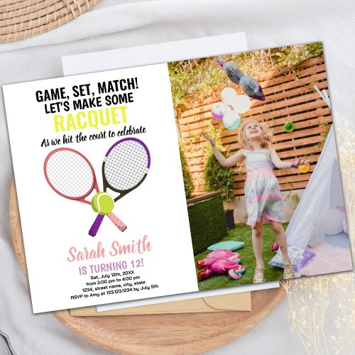 Pink Purple Tennis Birthday Invitations w photo
