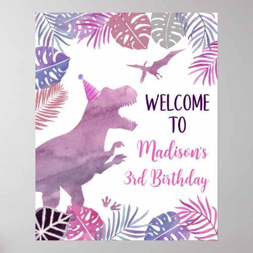 Pink Purple Three Rex Dinosaur Birthday Welcome Poster