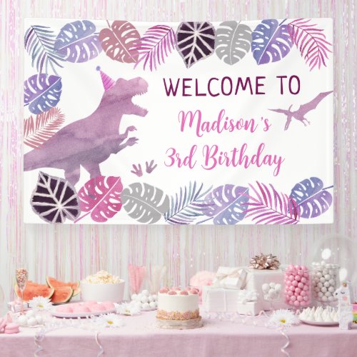 Pink Purple Three Rex Girl Dinosaur Birthday Banner