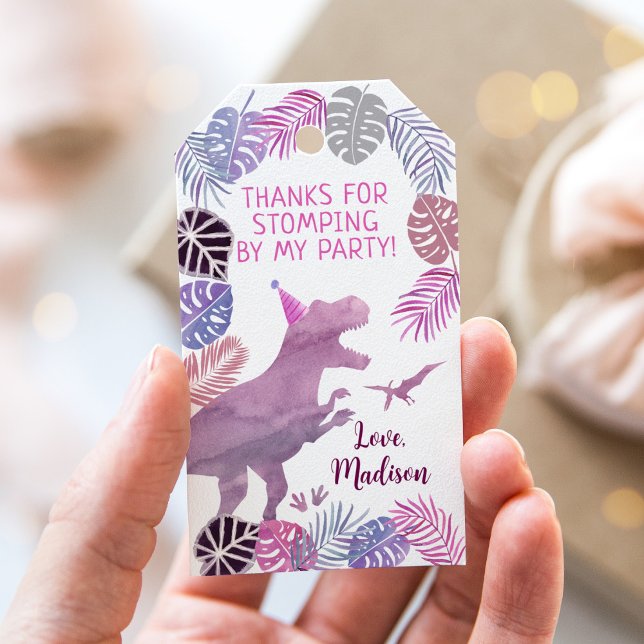 Pink Purple Three Rex Girl Dinosaur Birthday Gift Tags (Creator Uploaded)
