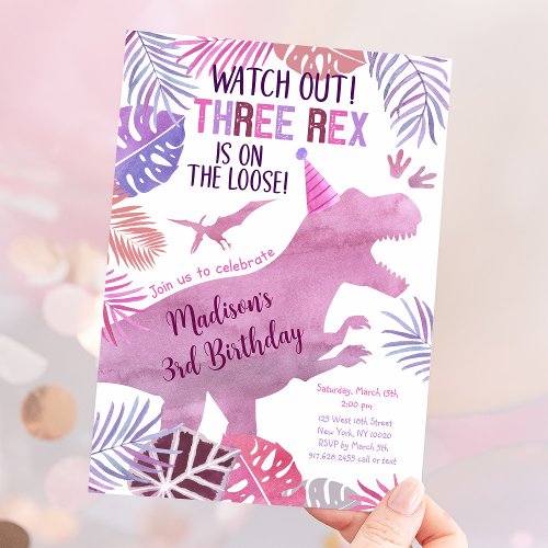 Pink Purple Three Rex Girl Dinosaur Birthday Invitation
