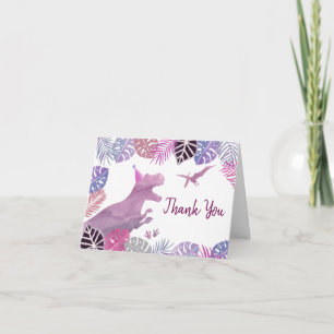 Pink Purple Three Rex Girl Dinosaur Birthday Letterpress Thank You Card