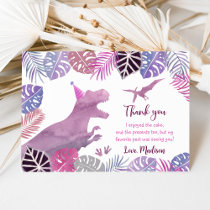 Pink Purple Three Rex Girl Dinosaur Birthday Thank You Card
