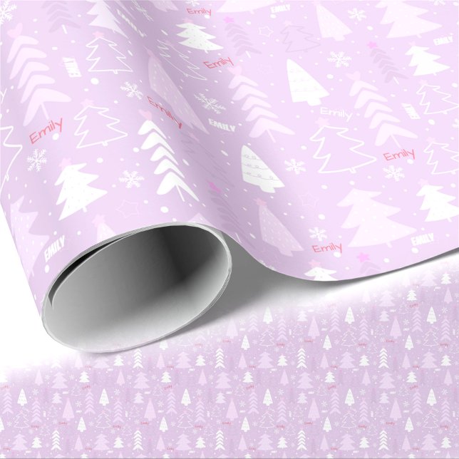 Pink Purple Trees Winter Name Text Christmas  Wrapping Paper (Pink Purple Trees Winter Name Text Christmas Wrapping Paper)