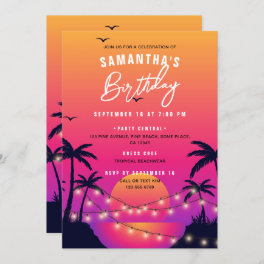 Pink & Purple Tropical Beach Sunset Birthday Party Invitation