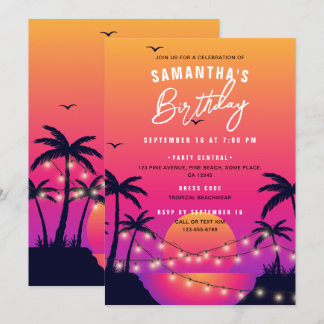 Pink & Purple Tropical Beach Sunset Birthday Party Invitation
