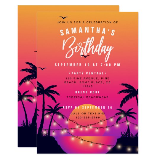 Pink & Purple Tropical Beach Sunset Birthday Party Invitation | Zazzle.com