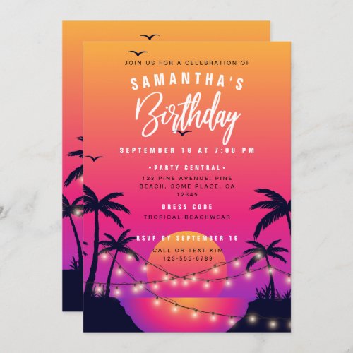Pink  Purple Tropical Beach Sunset Birthday Party Invitation