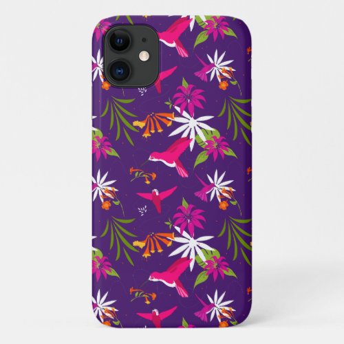 Pink Purple Tropical Hummingbird Patterned iPhone 11 Case