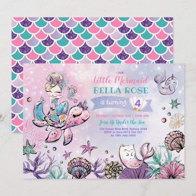 Pink Purple Turquoise Mermaid Pool Party Birthday Invitation (Front/Back)