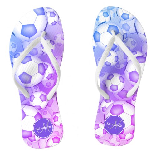 pink purple turquoise soccer balls pattern flip flops